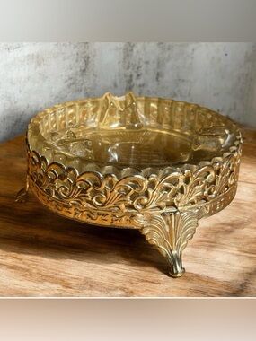 Vintage 60s Hollywood Ormolu ashtray leaded cut glass insert